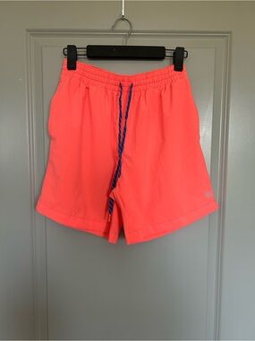 Men's Tyler’s Bright Coral Swim Trunks with Blue Drawstring